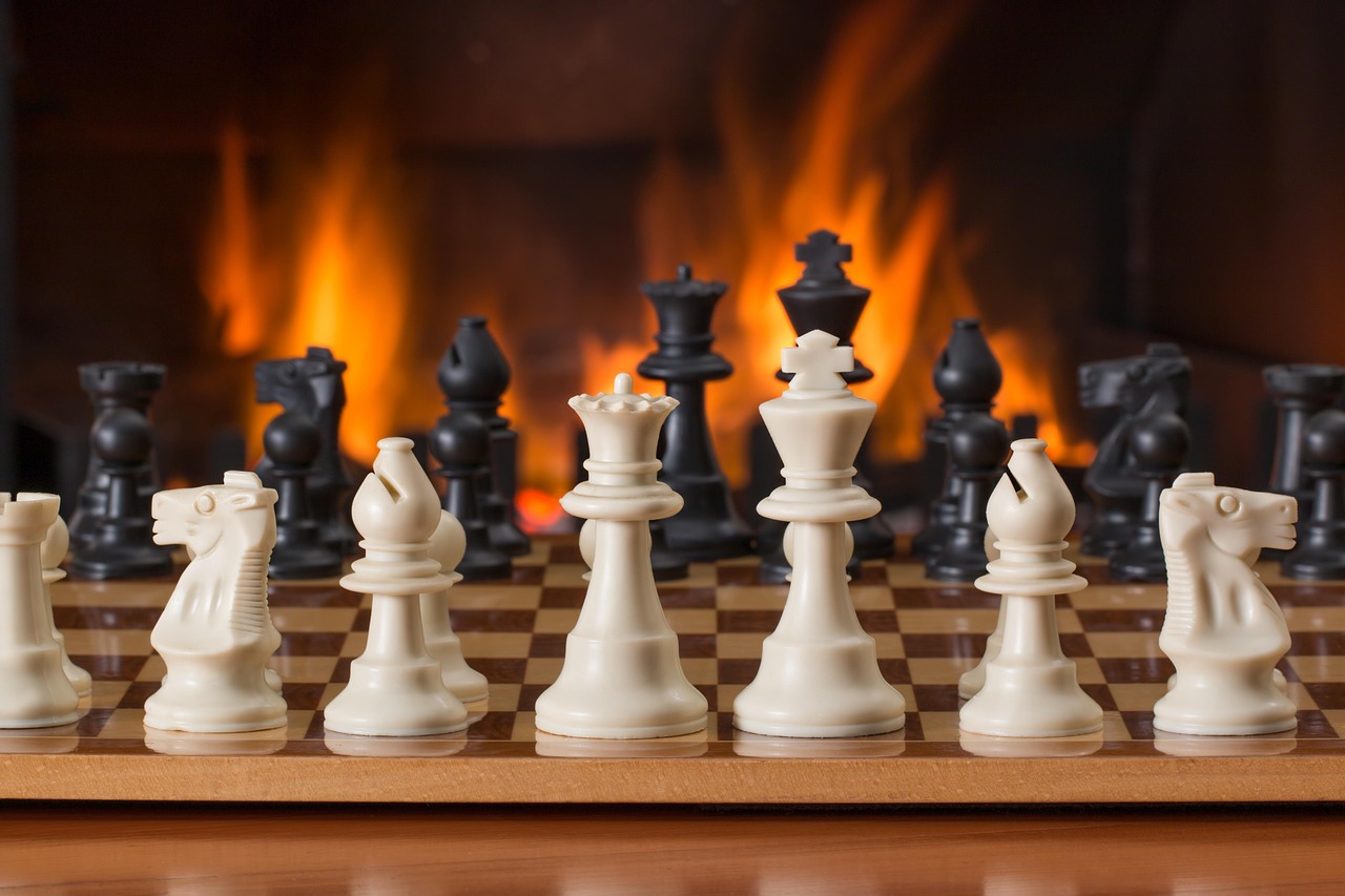 chess board in front of fireplace