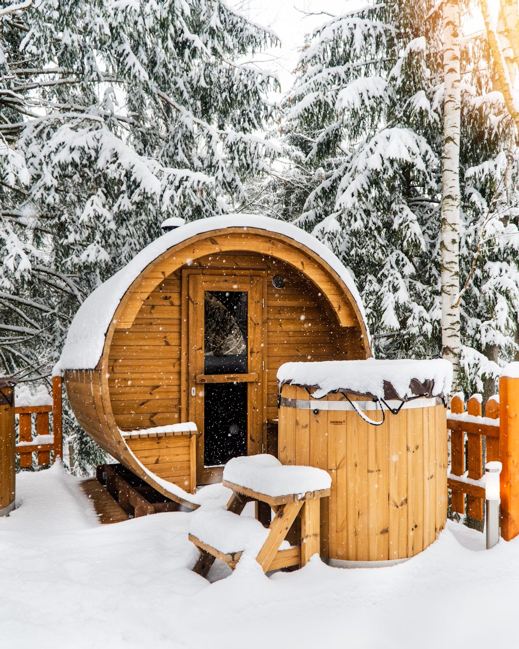 wooden sauna in snow